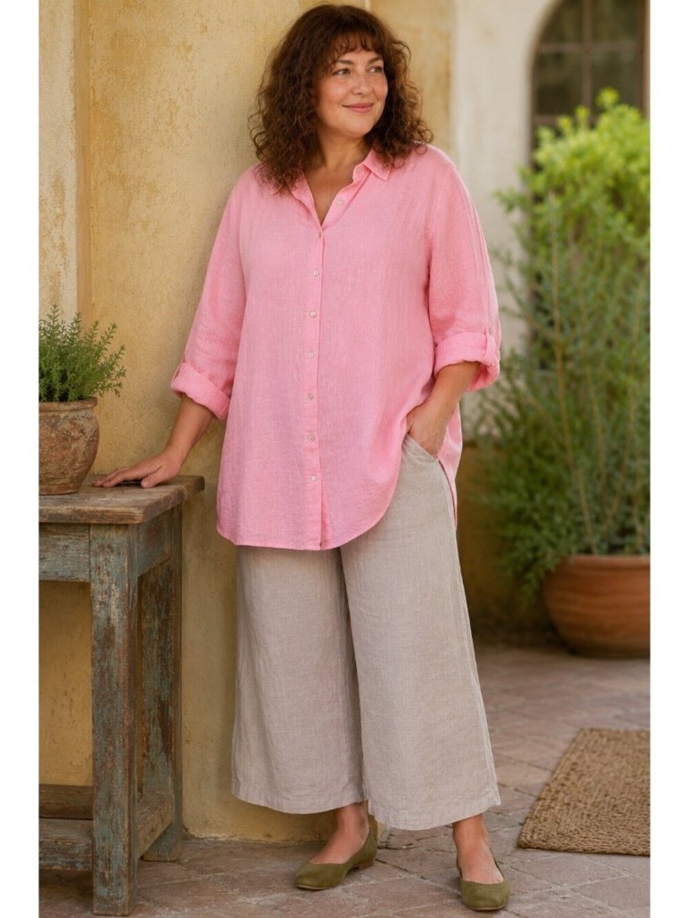 Tahari Womens Linen Tunic Top Sz 2X Pink  Button Down Shirt Coastal Boho Beach